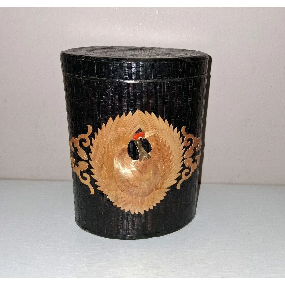 Vintage Asian Straw Art Crane Bamboo Tea Canister Box w Lid 5.5
